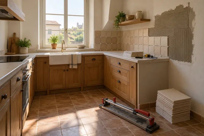Visualización conceptual IA: Colocación de azulejos con separadores y adhesivo sobre una pared de cocina.