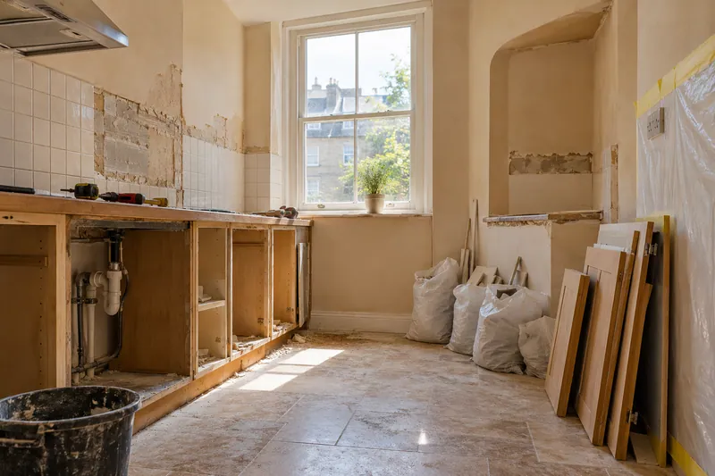 Visualización conceptual IA: Retirada de muebles y revestimientos al comienzo de una reforma de cocina.