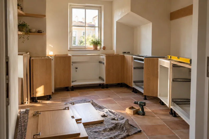 Visualización conceptual IA: Módulos de cocina en montaje con puertas pendientes de colocar.