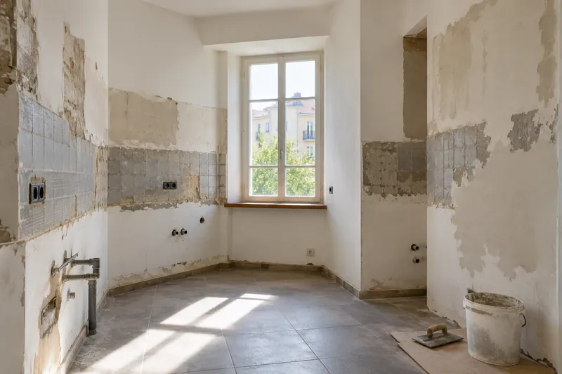 Visualización conceptual IA: Cocina sin muebles con paredes en preparación y zonas de enlucido.
